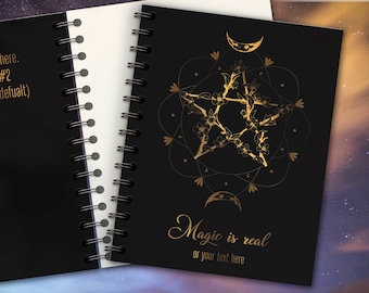 Magical Notebook with Gold Foil Pentagram, Black Sketchbook, Artbook for drawing, Hardcover Planner 2024, Custle Sacred Geometry Agenda Bujo