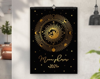 2026 Moon Phases Calendar, Witchy Lunar Wall Hanging, Black Pages, Gold, Rainbow Foil