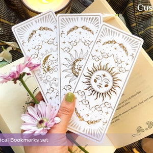 Magic Bookmarks Set. Black/White thick paper, Gold raised foil. Celestial witch design, Book lover Gift, Tarot style, Sun and Full moon art