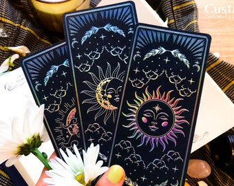 Book Accessories art. Witchy holographic bookmark, Bookish Gift magic cards, astronomical tarot design, sacred geometry sun and moon style