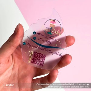 Tarjetas de visita de panadería, pastelería, pastelería, pequeñas empresas, tarjetas de visita con formas personalizadas, tarjetas de visita transparentes, tarjetas de plástico para cupcakes
