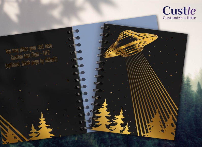 UFO Hardcover cute notebook, Sketchbook with gold design. Planner for him/her. Custle black agenda with gold foil. Space design style image 1