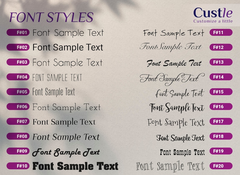 K&ouml;nnte beinhalten: Ein Diagramm mit 20 verschiedenen Schriftarten, die jeweils den Text "Font Sample Text" zeigen. Die Schriftarten sind von F#01 bis F#20 nummeriert. Das Diagramm befindet sich auf einem hellvioletten Hintergrund.