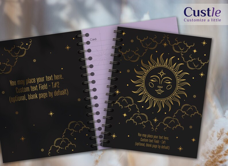 May include: A black spiral notebook with a gold sun and clouds design. The text "You may place your text here. Custom text Field - T#2 (optional, blank page by default)" is printed on the cover.