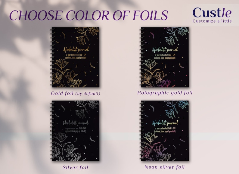 K&ouml;nnte beinhalten: Vier schwarze Spiralbindungen mit verschiedenen Folien-Oberfl&auml;chen. Die Hefte zeigen ein florales Design und den Text "Herbalist journal". Die Folien-Oberfl&auml;chen sind Gold, Hologramm-Gold, Silber und Neon-Silber.