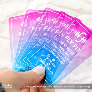 Plastica trasparente colorata, biglietti da visita trasparenti a colori, design personalizzato, vedere attraverso, carta acrilica colorata, lamina arcobaleno