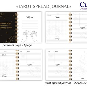May include: A black and gold tarot spread journal with a celestial design. The cover features a crescent moon, stars, and clouds. The journal has a spiral binding and includes 95, 127, or 159 pages.