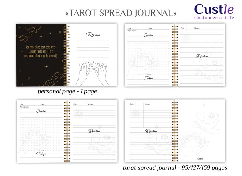 May include: A black and gold tarot spread journal with a celestial design. The cover features a crescent moon, stars, and clouds. The journal has a spiral binding and includes 95, 127, or 159 pages.