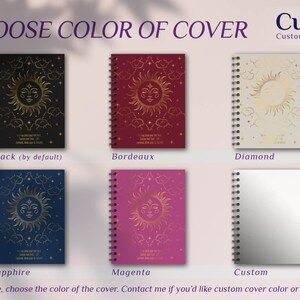May include: Six different color options for a spiral bound notebook cover. The cover features a gold sun with a face and clouds on a black, burgundy, cream, navy blue, pink, and white background. The text "Choose Color of Cover" is at the top of the image. The text "Custle Customize a little" is in the top right corner of the image. The text "Please, choose the color of the cover. Contact me if you'd like custom cover color or design" is at the bottom of the image.