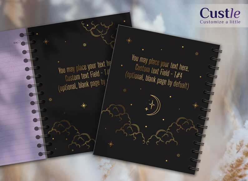 May include: A black spiral notebook with a gold moon and stars design. The cover has the text "You may place your text here. Custom text Field - T#4 (optional, blank page by default)".