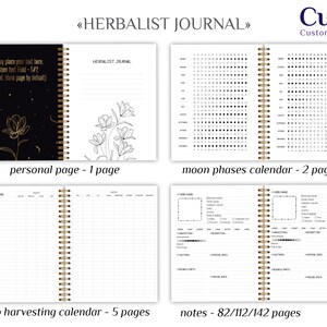 K&ouml;nnte beinhalten: Ein schwarzes und goldenes Journal mit dem Text "Herbalist Journal" auf dem Cover. Das Journal hat eine Spiralbindung und enth&auml;lt Seiten f&uuml;r pers&ouml;nliche Notizen, Mondphasen, Kr&auml;uterernte und allgemeine Notizen.