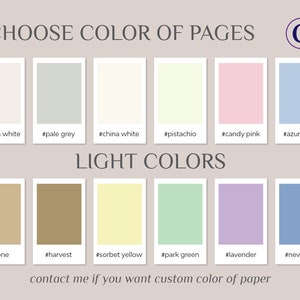 K&ouml;nnte beinhalten: Ein Diagramm, das verschiedene Papierfarbenoptionen zeigt. Die Farben sind in zwei Kategorien unterteilt: helle Farben und dunkle Farben. Die hellen Farben sind: Velinwei&szlig;, Hellgrau, Chinwei&szlig;, Pistazie, Bonbonrosa, Azurblau, Stein, Ernte, Sorbetgelb, Parkgr&uuml;n, Lavendel und Neu-Blau.