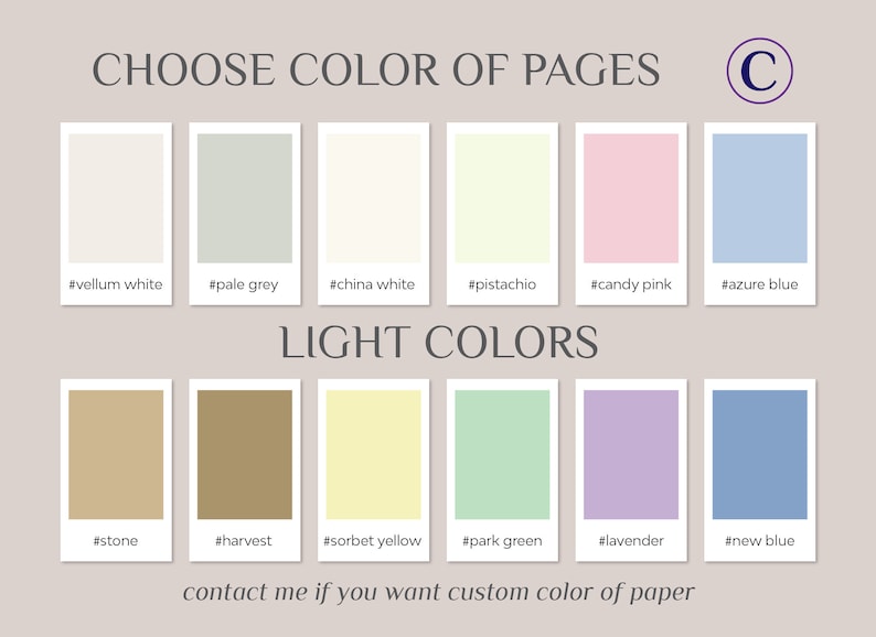 K&ouml;nnte beinhalten: Ein Diagramm, das verschiedene Papierfarbenoptionen zeigt. Die Farben sind in zwei Kategorien unterteilt: helle Farben und dunkle Farben. Die hellen Farben sind: Velinwei&szlig;, Hellgrau, Chinwei&szlig;, Pistazie, Bonbonrosa, Azurblau, Stein, Ernte, Sorbetgelb, Parkgr&uuml;n, Lavendel und Neu-Blau.