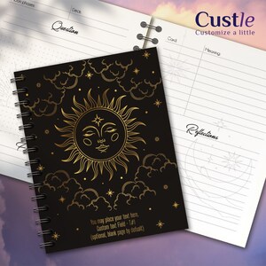 May include: A black spiral bound journal with a gold sun and clouds design. The cover has the text "You may place your text here. Custom text Field - T#1 (optional, blank page by default)". The journal has a white lined interior with the words "Custle Customize a little" at the top and "Reflections" at the bottom.