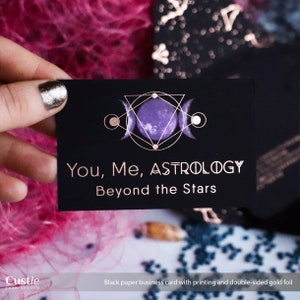 Cartões de visita em papel preto. Presente para leitor de tarô de cartas de astrologia, conjunto de folha de ouro, cartolina grossa em relevo, cartões personalizados com nome, impressão colorida