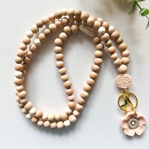 Neutral Blush Ivory Bead Wood Beaded Flower Boho Teacher Lanyard, ID Badge Keys Holder with Clip, Back to School, Teaching Appreciation Gift