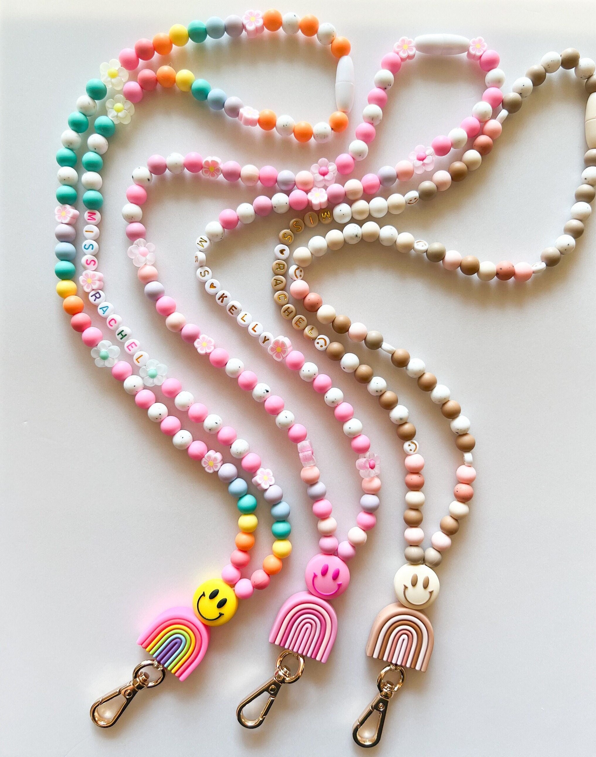Retro Rainbow Teacher Lanyard with Custom Name, Smiley Face Back to School Teacher Appreciation Week Gift,Personalized New Teacher Gift