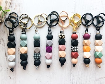 Fall and Neutral Autumn Colors Silicone and Wood Bead Keychain, Beaded Keychain With Clip, Silver Keyring, Boho Minimalist, Womens Gift