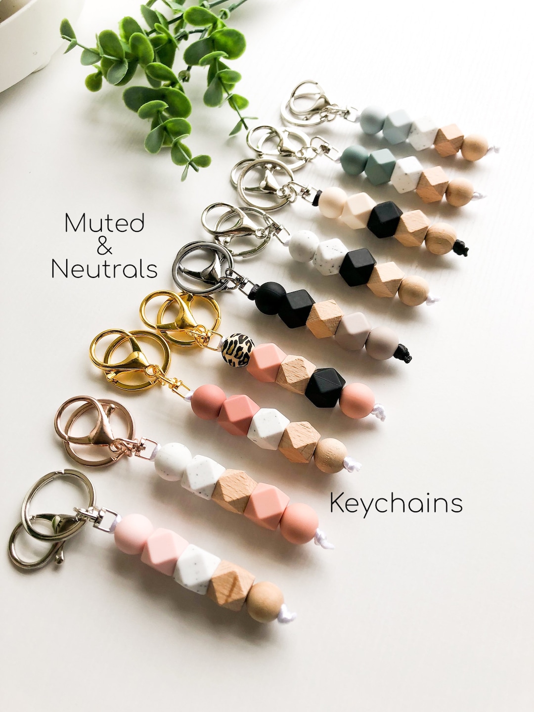 Muted and Neutral Colors Silicone and Wood Bead Keychain, Beaded ...