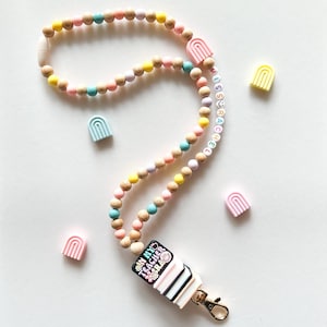Teacher Lanyard with Name, Beaded Lanyard for Keys, Back to School Teacher Appreciation Week Gifts, Rainbow Custom Name Lanyard for Badge