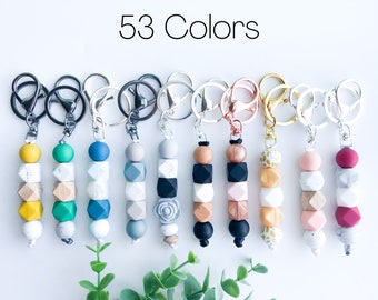 Silicone and Wood Bead Keychain, Beaded Keychain With Clip, Silver Keyring, Neutral Colors Keychain Keyring, Back to School, Bridal Party