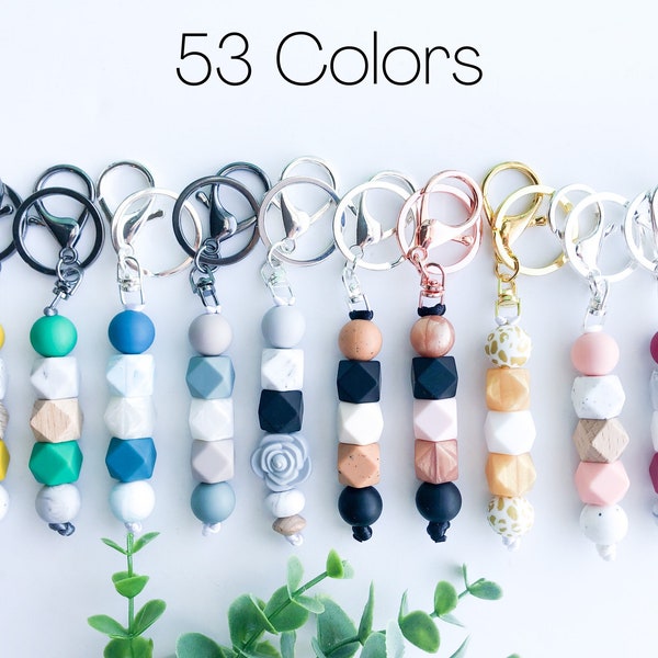 Silicone and Wood Bead Keychain, Beaded Keychain With Clip, Silver Keyring, Neutral Colors Keychain Keyring, Back to School, Bridal Party