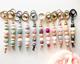 Boho Wood Beaded Keychains, Silicone & Wood Keychain Charm, Purse Diaper-bag Charm, Best Friend Gift, Rose Gold Keychain, Boho Accessories