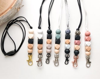 Neutral Tones Silicone and Wood Bead Lanyard, Teacher Nurse Student Boho Lanyard, Lanyard with Clip, Teacher Gift, Black Boho Lanyard