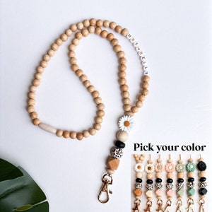 Custom Name Teacher Lanyard, Boho Flower Wood Beaded ID Badge Keys Holder with Clip, Back to School, Teaching Appreciation Gift, New Teacher