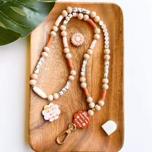 Teacher Lanyard with Name, Clay Bead Lanyard, Wood Beaded Lanyard, Heishi Bead Pink Neutral Teacher Badge Holder, Teacher Appreciation Week