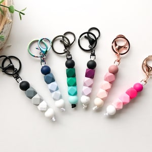 Ombré Gradient Silicone Bead Keychain, Beaded Keychain with Clip, Silver Rose Gold Black Keychain Clip, Blue Pink Purple Black Bead Keyring