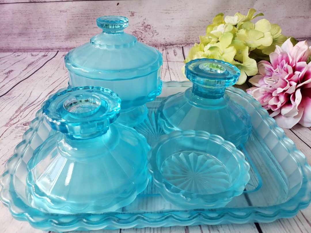 Vintage Art Deco Blue Glass Dressing Table Set Including Etsy