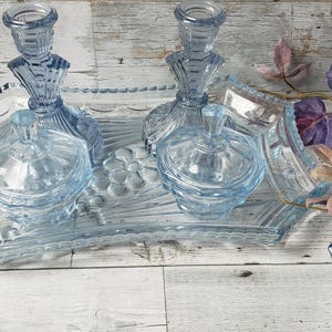 blue glass dressing table set Vintage Art Deco Vanity Set / Vintage Blue Glass Vanity Set /vintage Glass Cosmetic Set /vintage Glass Dressing Table Set /vintage Glassware