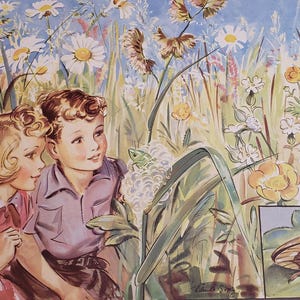 May include: Two children, a girl with pink hair and a boy with brown hair, are looking at a green insect in a field of flowers. The flowers are white, yellow, and blue. The insect is on a green leaf. The image is a vintage illustration.