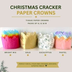 May include: Four stacks of tissue paper crowns for Christmas crackers, labelled as Bright Mix, Gold, Eucalyptus, and Pastel. The text reads CHRISTMAS CRACKER PAPER CROWNS, TISSUE PAPER CROWNS, PACKS OF 6, 12 & 18, and PERFECT FOR FILL-YOUR-OWN-CRACKERS, BON BONS & FESTIVE TABLES.