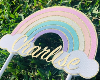 Pastel Rainbow Personalized Cake Topper | Custom Name Decor | 1st Birthday Girl Party Decorations