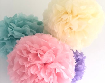 Pastel Rainbow Pom Pom, Party Decor, Baby Shower, Tissue paper, 1st Birthday Decorations DIY, Baby Blue, Pink, Cream & purple