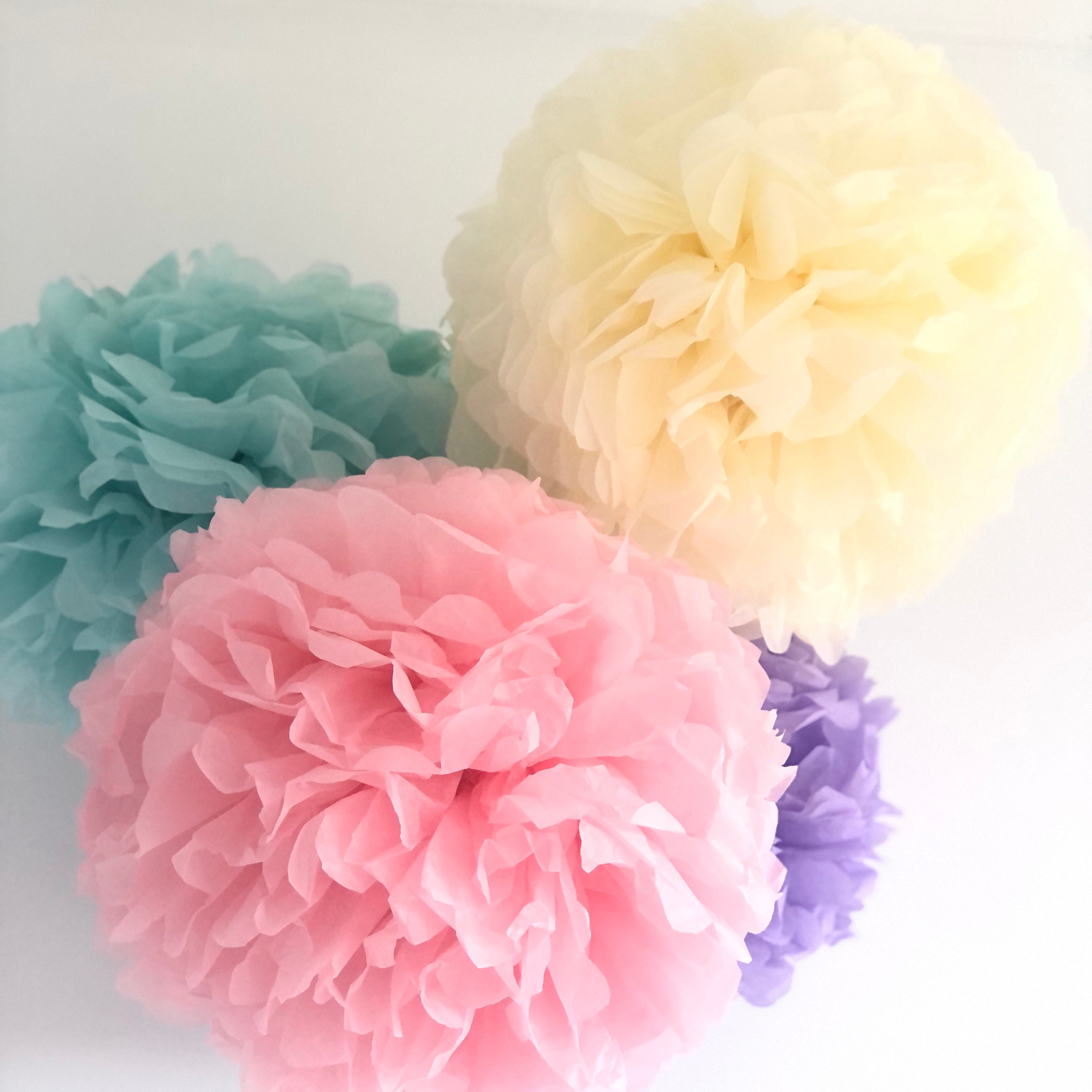 Pastel Rainbow Pom Pom, Party Decor, Baby Shower, Tissue Paper, 1st  Birthday Decorations DIY, Baby Blue, Pink, Cream & Purple 