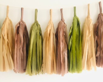 Green and Brown mix Paper Tassel, Tissue Paper Tassels, DIY Tassel Garland, Hanging Garland, Fringe Garland, Nature Inspired, Neutral Colour