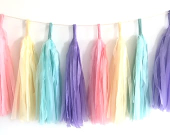Pastel Rainbow Garland, Tissue Paper Garland, Tissue Paper Tassels, DIY Tassel Garland, Rainbow Party Decorations, Unicorn Decor