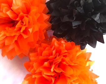 Black and Orange Tissue Paper Pom Pom Set, Tissue Paper Flowers, DIY, Birthday Party, Halloween Decorations, Fall Decor
