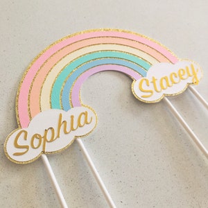 Pastel Rainbow Cake Topper, Double cake topper, Personalised Custom Rainbow Birthday Cake Decoration, Glitter Topper, Twins Cake Topper,