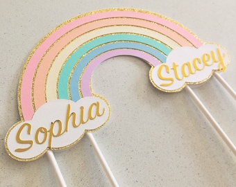 Pastel Rainbow Cake Topper, Double cake topper, Personalised Custom Rainbow Birthday Cake Decoration, Glitter Topper, Twins Cake Topper,