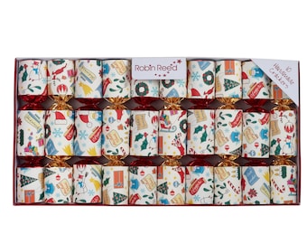 May include: A box of 10 handmade Christmas crackers. Each cracker is cylindrical with a red base and gold twist. The crackers are wrapped in white paper with colorful Christmas-themed illustrations, including snowmen, Santa hats, and holly.
