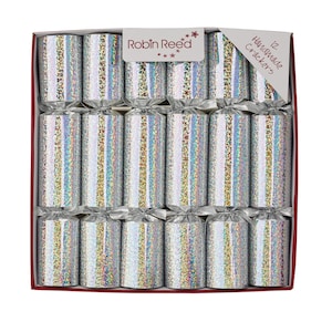 May include: A box of 12 handmade crackers. The crackers are cylindrical with a silver, iridescent finish. The box is red with the text "Robin Reed" and "12 Handmade Crackers" printed on it.