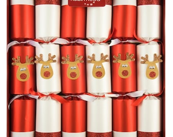 May include: A box of Christmas crackers, alternating red and white, with glitter accents. Some crackers feature wooden reindeer ornaments with glitter noses. The box has the text "Robin Reed".