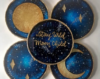 Gold Crescent Moon Resin Coaster: Celestial Galaxy Decor