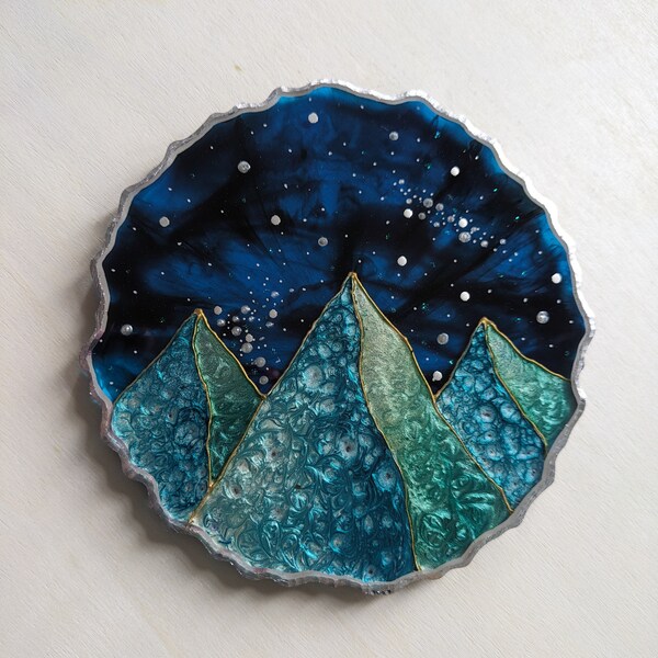 Mountain Night Sky Resin Geode Coaster, Teal Blue Montains, Teacher Gift, Housewarming present, Gift for him SECONDS