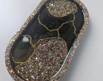 Iridescent Black Resin Trinket Tray: Abalone Shells & Gold Kintsugi