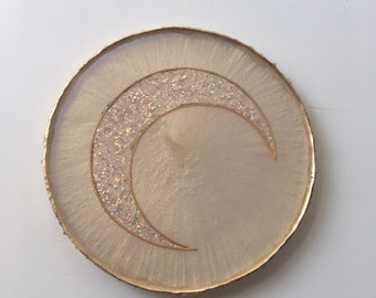 Pearl Resin Coaster: Glitter Crescent Moon, Celestial Decor